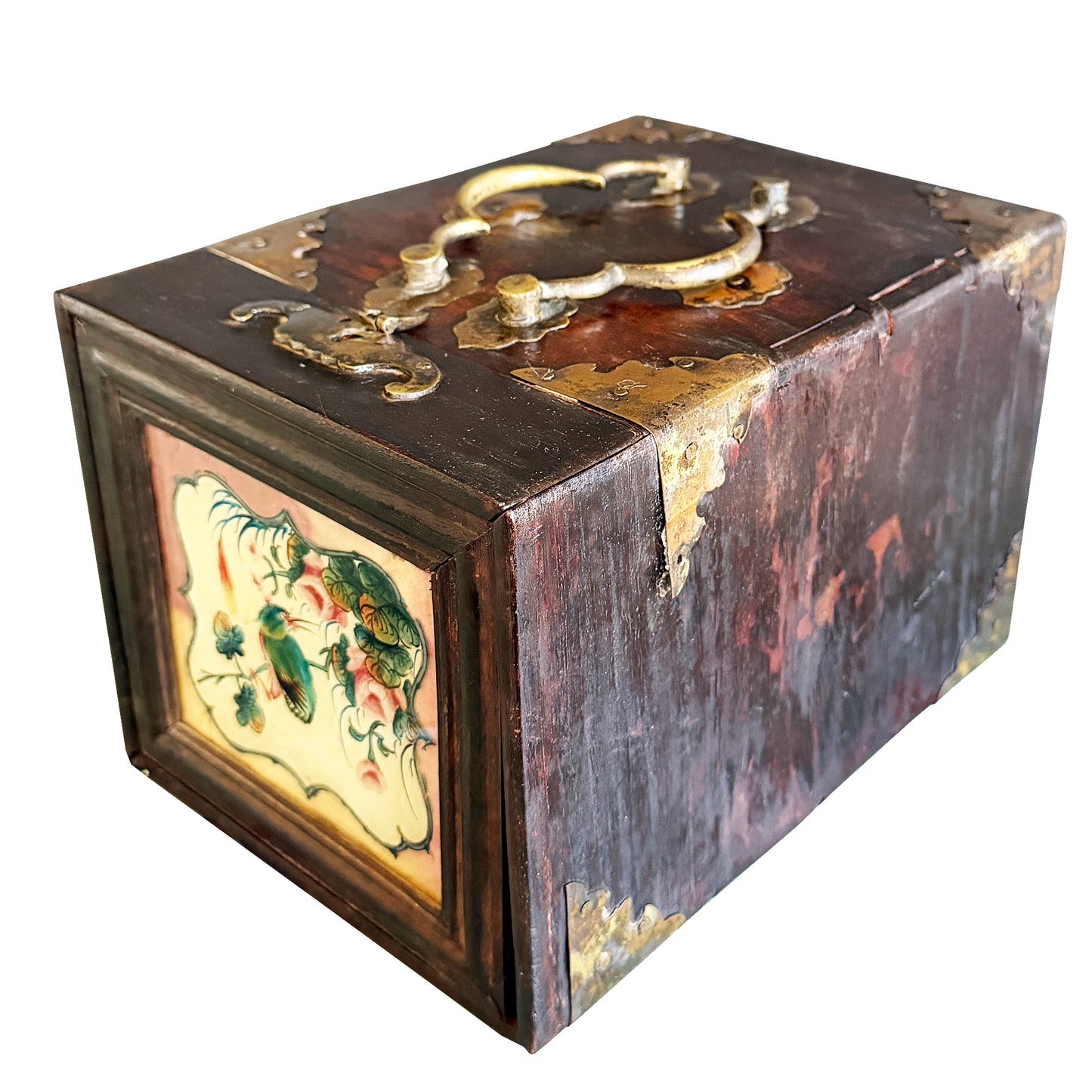 Antique Chinese Painted Wood Jewelry Box with Mirror and Brass Fittings