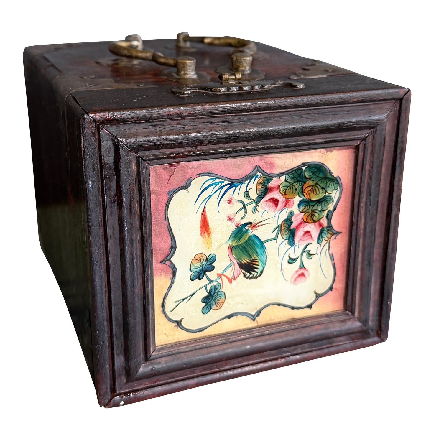 Antique Chinese Painted Wood Jewelry Box with Mirror and Brass Fittings