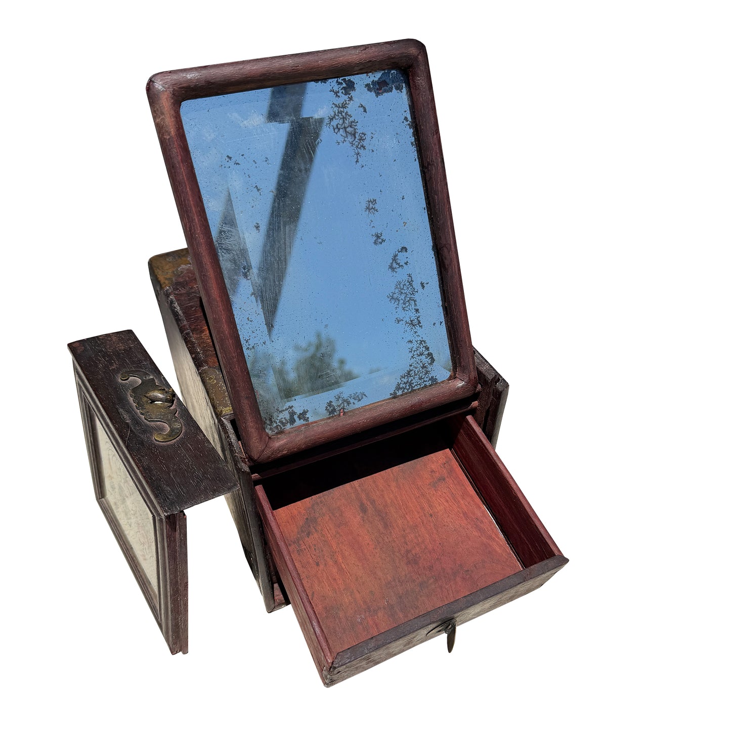 Antique Chinese Painted Wood Jewelry Box with Mirror and Brass Fittings