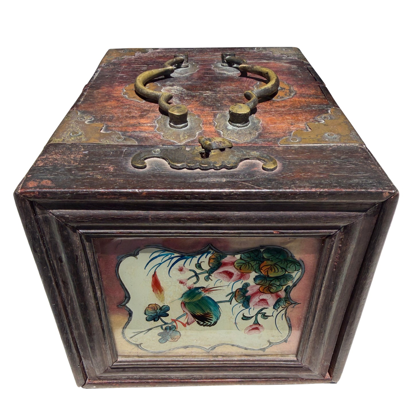 Antique Chinese Painted Wood Jewelry Box with Mirror and Brass Fittings