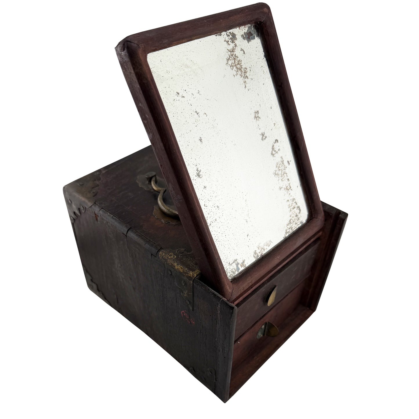 Antique Chinese Painted Wood Jewelry Box with Mirror and Brass Fittings
