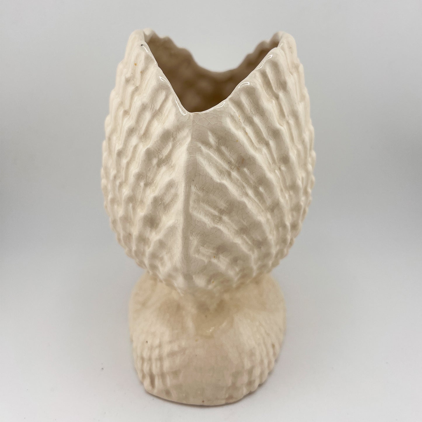 Vintage Japanese Shell Ceramic Vase or Planter in Ivory Crackle Glaze