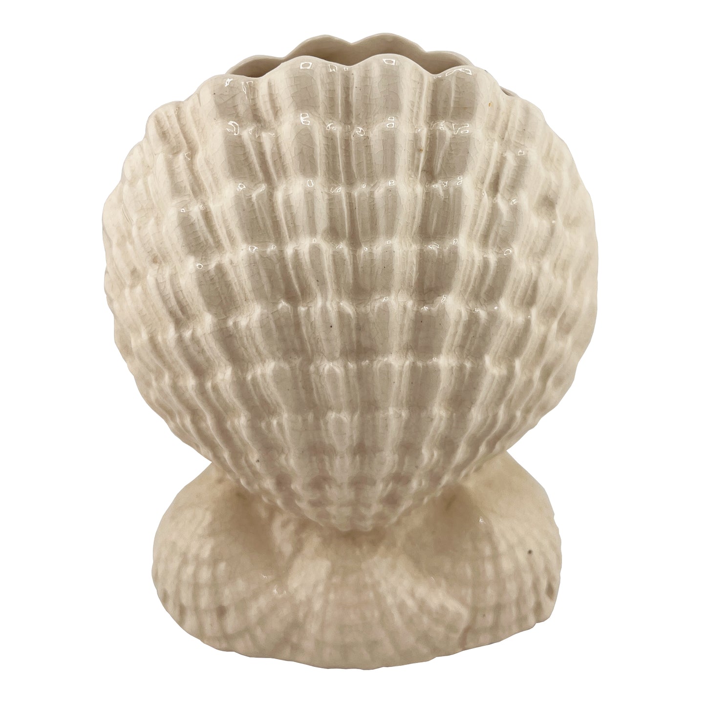 Vintage Japanese Shell Ceramic Vase or Planter in Ivory Crackle Glaze