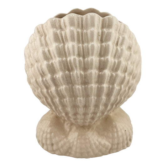 Vintage Japanese Shell Ceramic Vase or Planter in Ivory Crackle Glaze