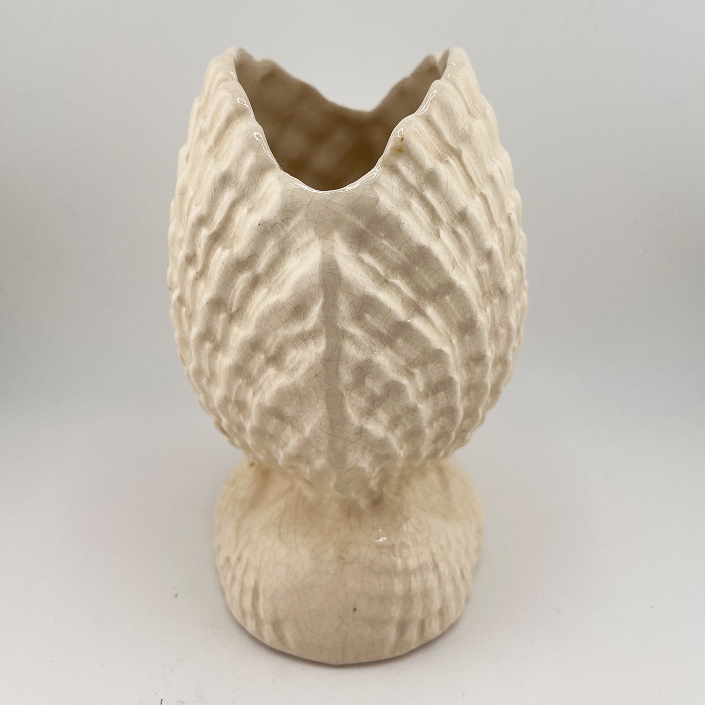 Vintage Japanese Shell Ceramic Vase or Planter in Ivory Crackle Glaze