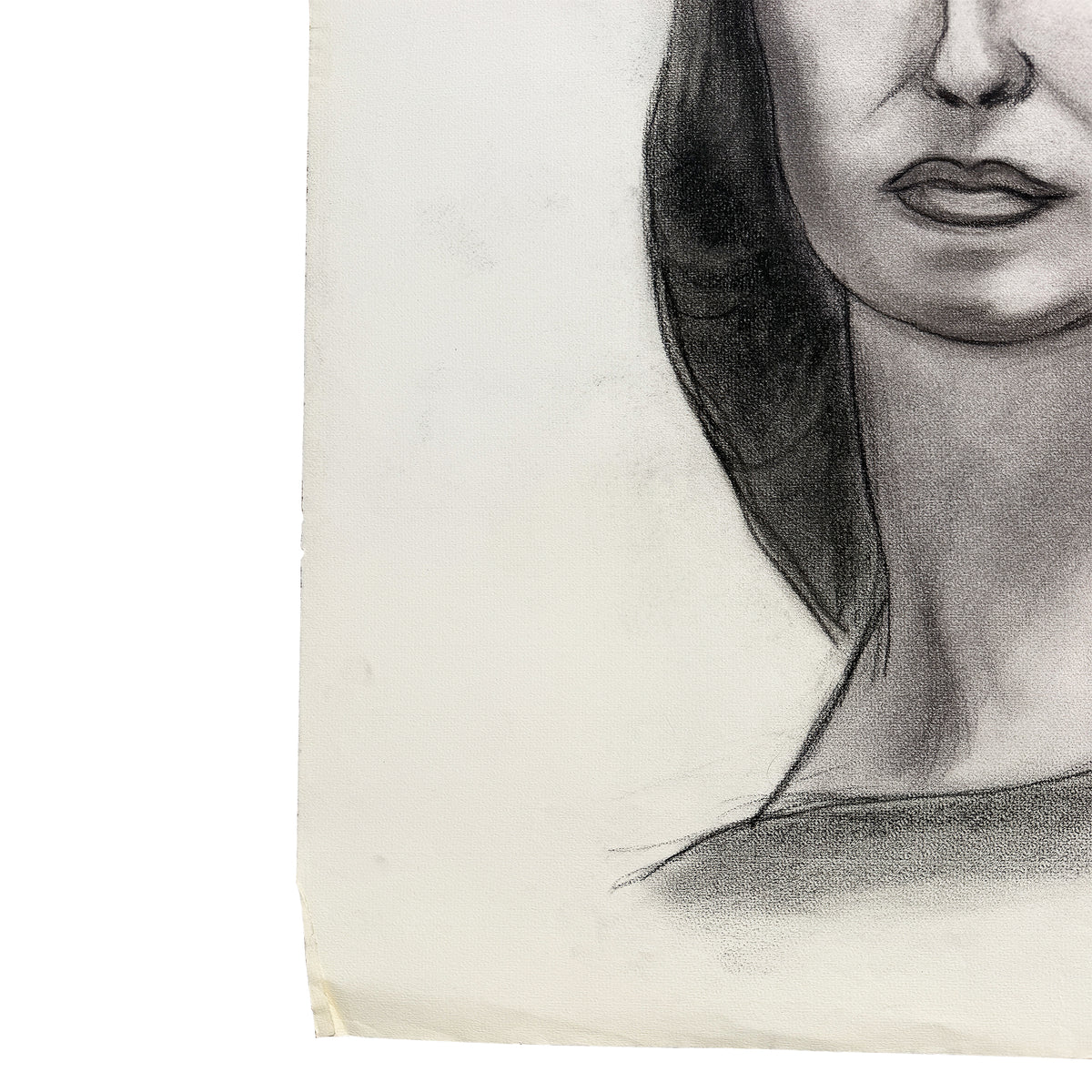 MCM Charcoal Portrait Drawing of a Woman with Side-Swept Curls - 1950s Signed