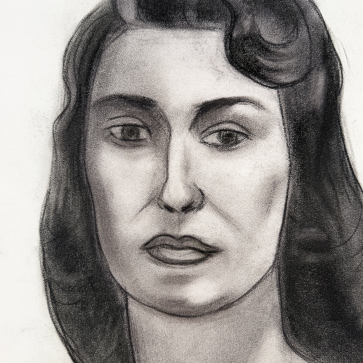 MCM Charcoal Portrait Drawing of a Woman with Side-Swept Curls - 1950s Signed