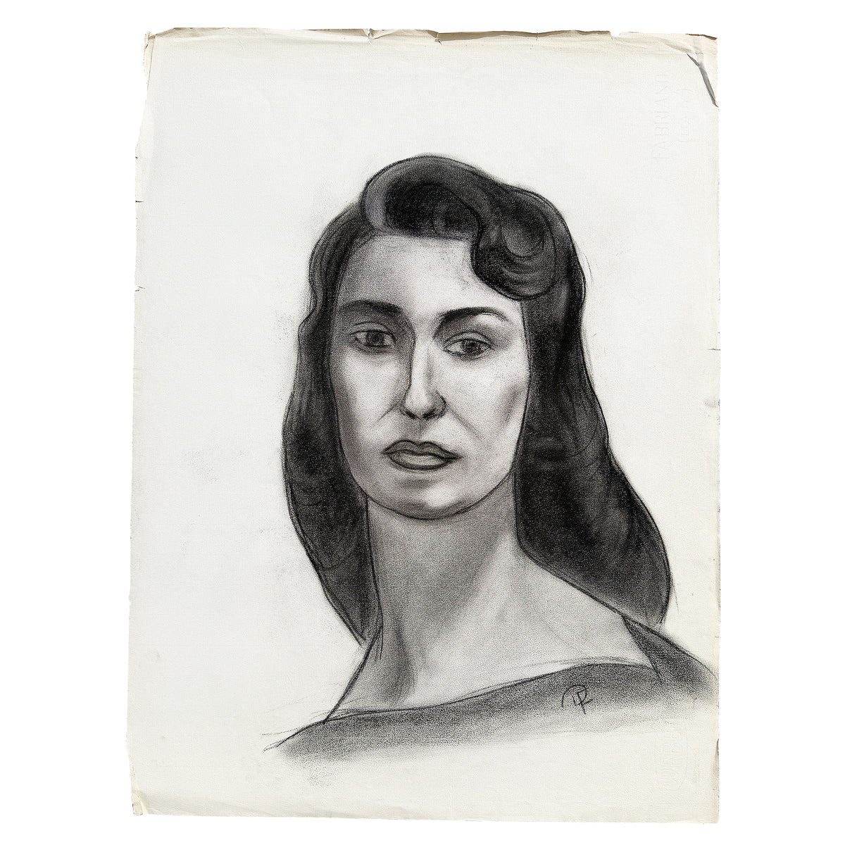 MCM Charcoal Portrait Drawing of a Woman with Side-Swept Curls - 1950s Signed