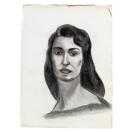 MCM Charcoal Portrait Drawing of a Woman with Side-Swept Curls - 1950s Signed