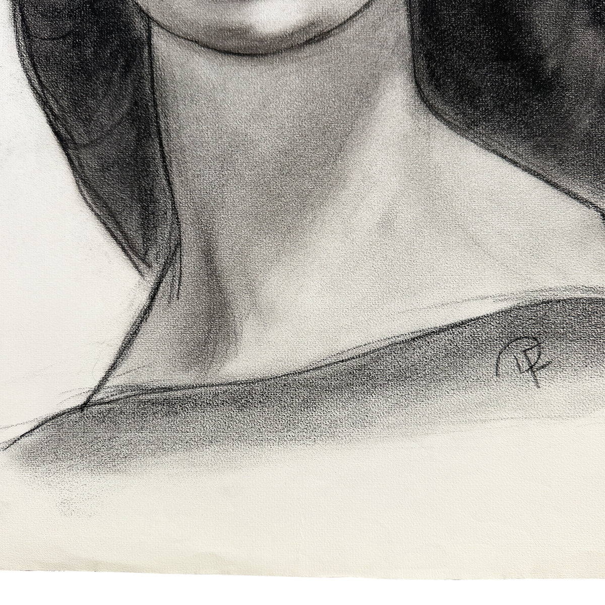 MCM Charcoal Portrait Drawing of a Woman with Side-Swept Curls - 1950s Signed
