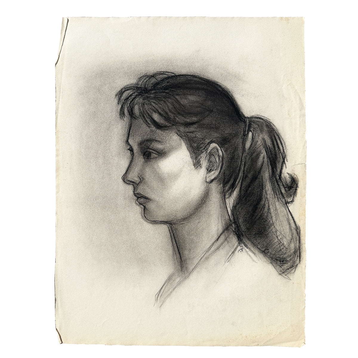 Donna Foreman Hopper Original Charcoal Portrait Woman with Ponytail 1950s