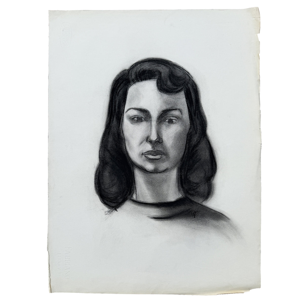 Signed Charcoal Portrait Drawing of a Woman with Dark Hair Donna Foreman Hopper