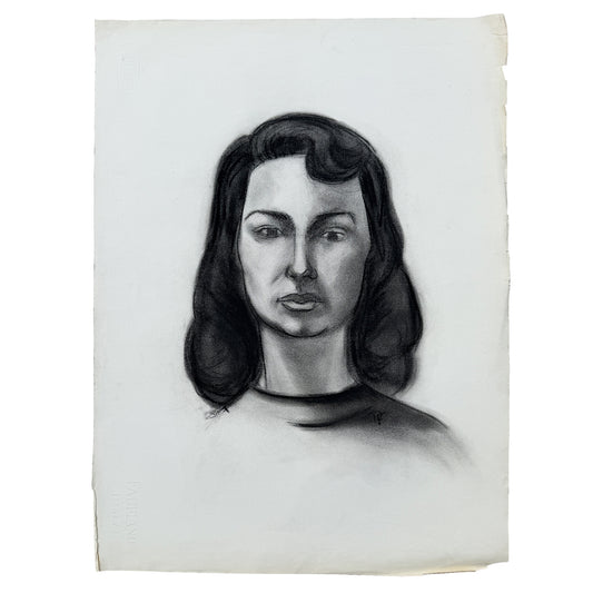 Signed Charcoal Portrait Drawing of a Woman with Dark Hair Donna Foreman Hopper