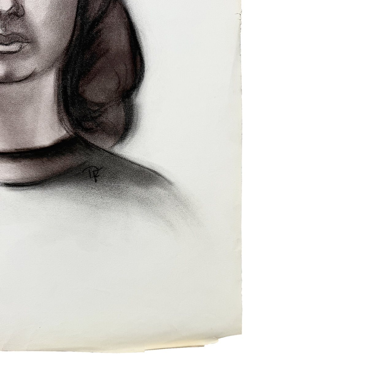 Signed Charcoal Portrait Drawing of a Woman with Dark Hair Donna Foreman Hopper