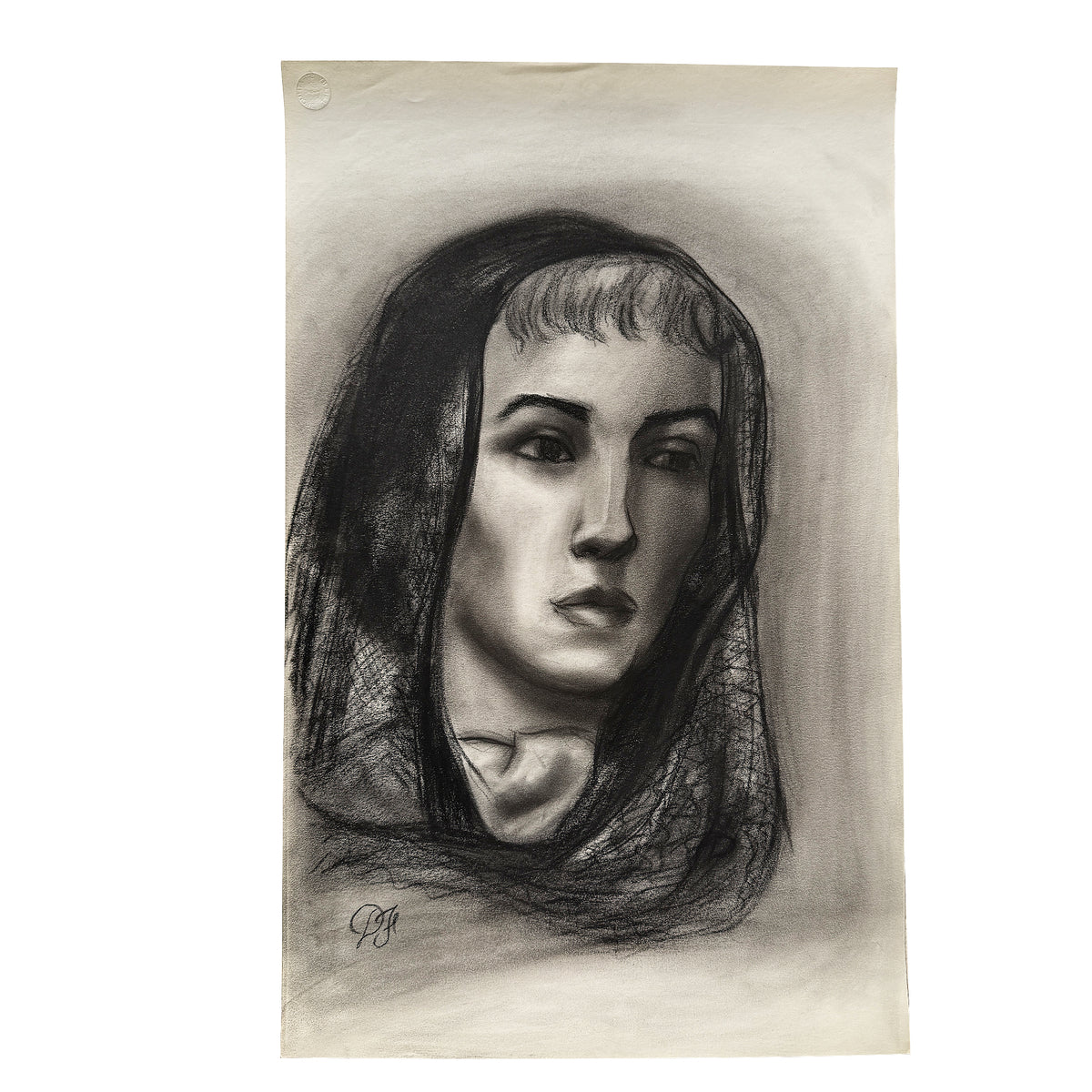 Donna Foreman Hopper Charcoal Portrait of a Woman in a Sheer Headscarf - MCM