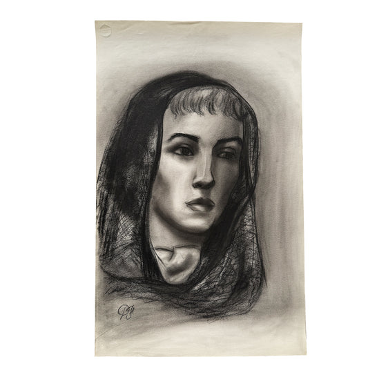Donna Foreman Hopper Charcoal Portrait of a Woman in a Sheer Headscarf - MCM