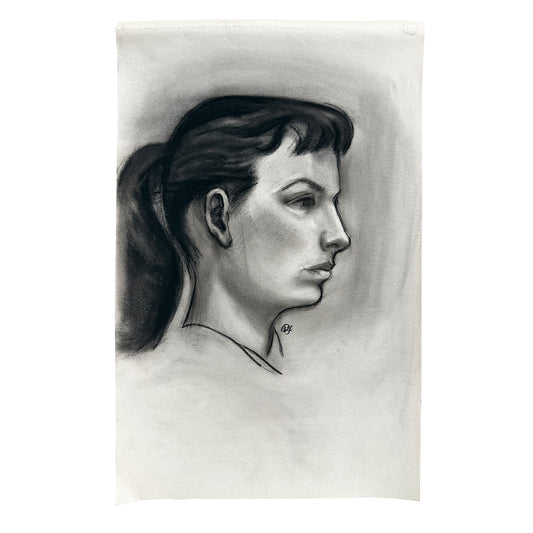 Black and White Charcoal Portrait Drawing of a Woman with Ponytail - Signed