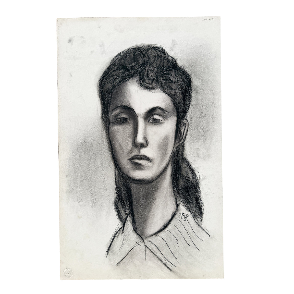 Black and White Charcoal Portrait Drawing of a Woman on Paper - Signed 1959