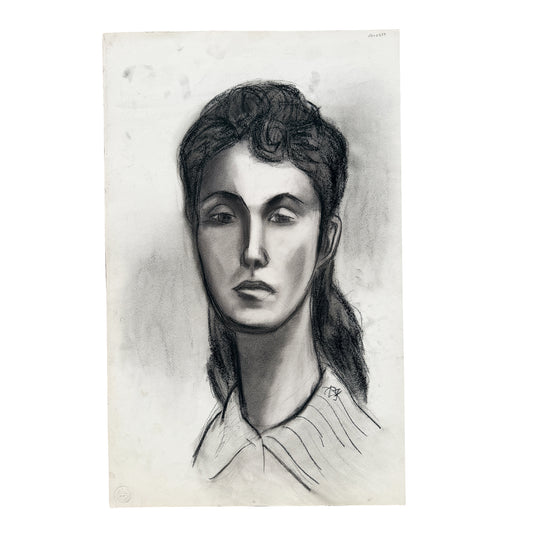 Black and White Charcoal Portrait Drawing of a Woman on Paper - Signed 1959