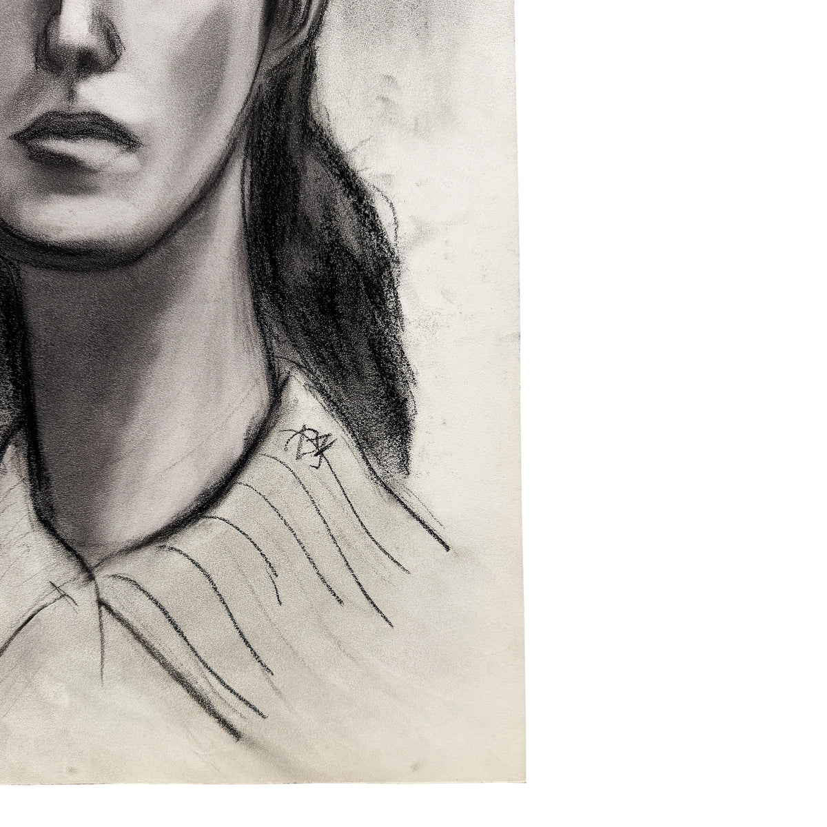Black and White Charcoal Portrait Drawing of a Woman on Paper - Signed 1959