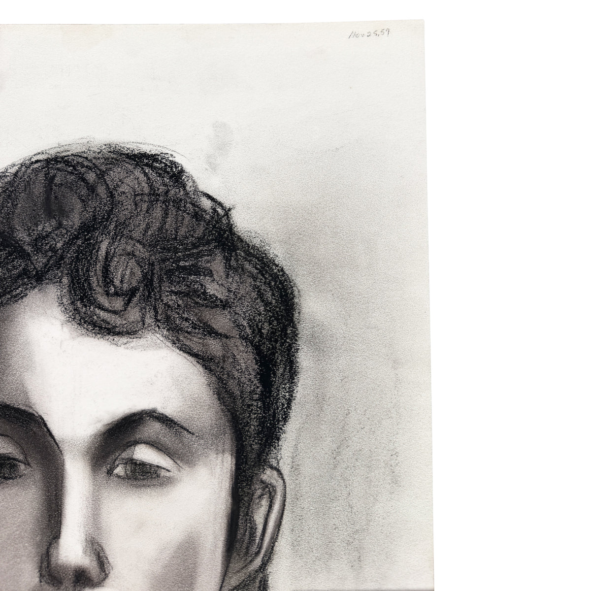 Black and White Charcoal Portrait Drawing of a Woman on Paper - Signed 1959