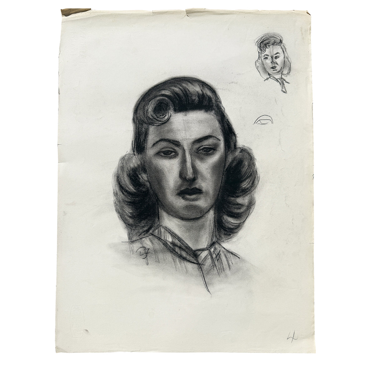 Vintage Black and White Charcoal Portrait Drawing of a Woman with Curled Hair
