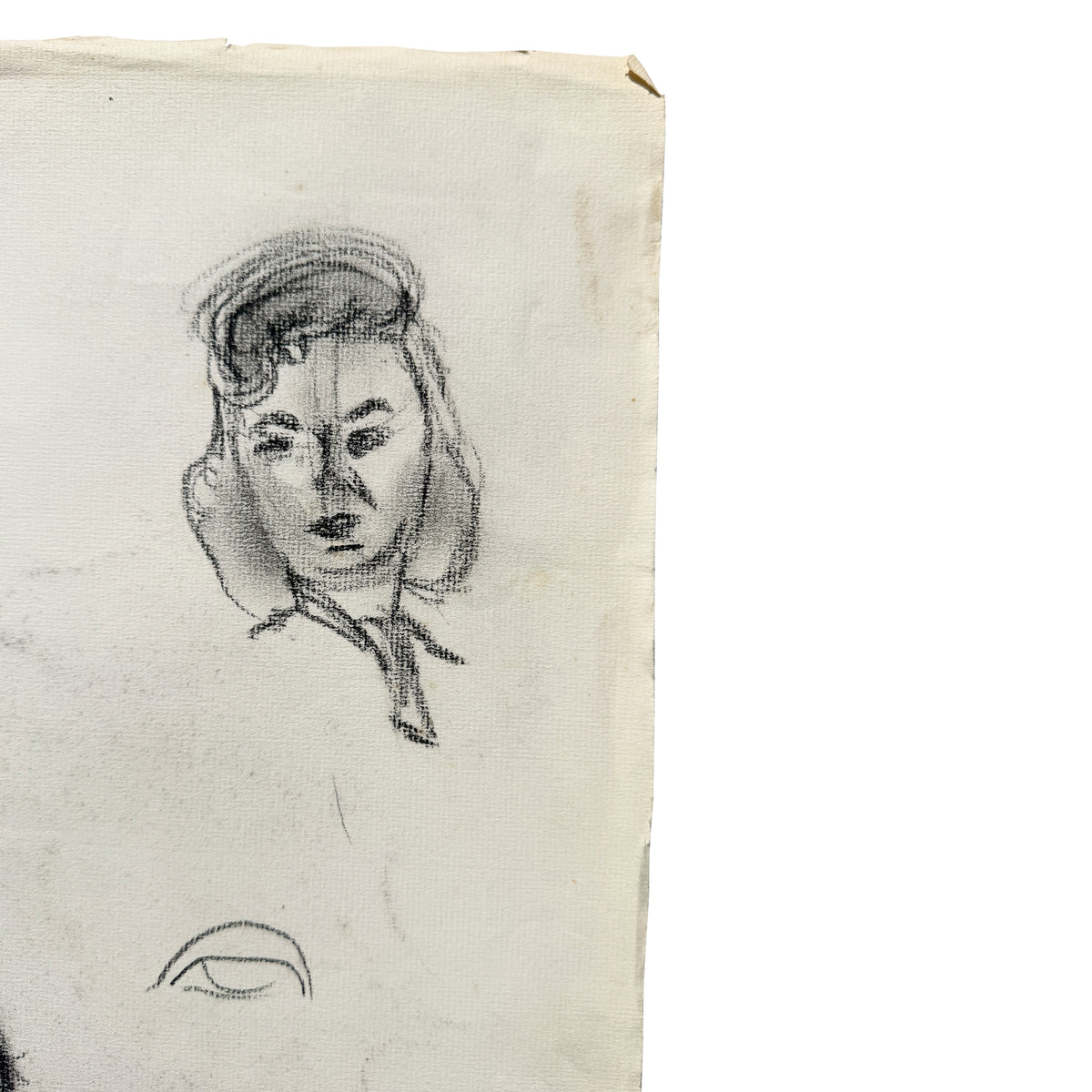 Vintage Black and White Charcoal Portrait Drawing of a Woman with Curled Hair