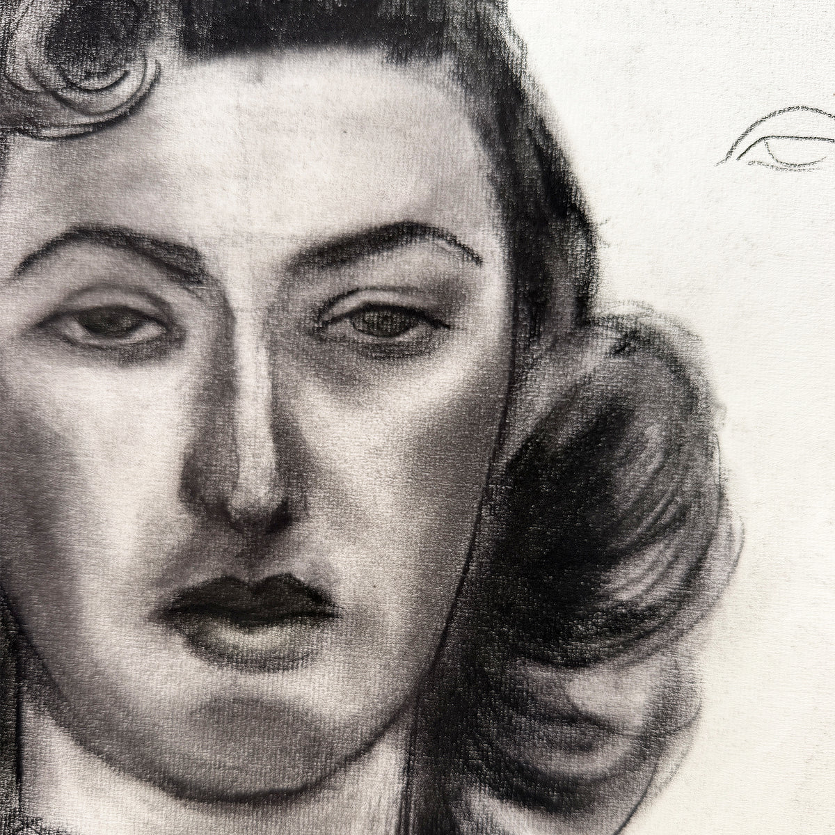 Vintage Black and White Charcoal Portrait Drawing of a Woman with Curled Hair