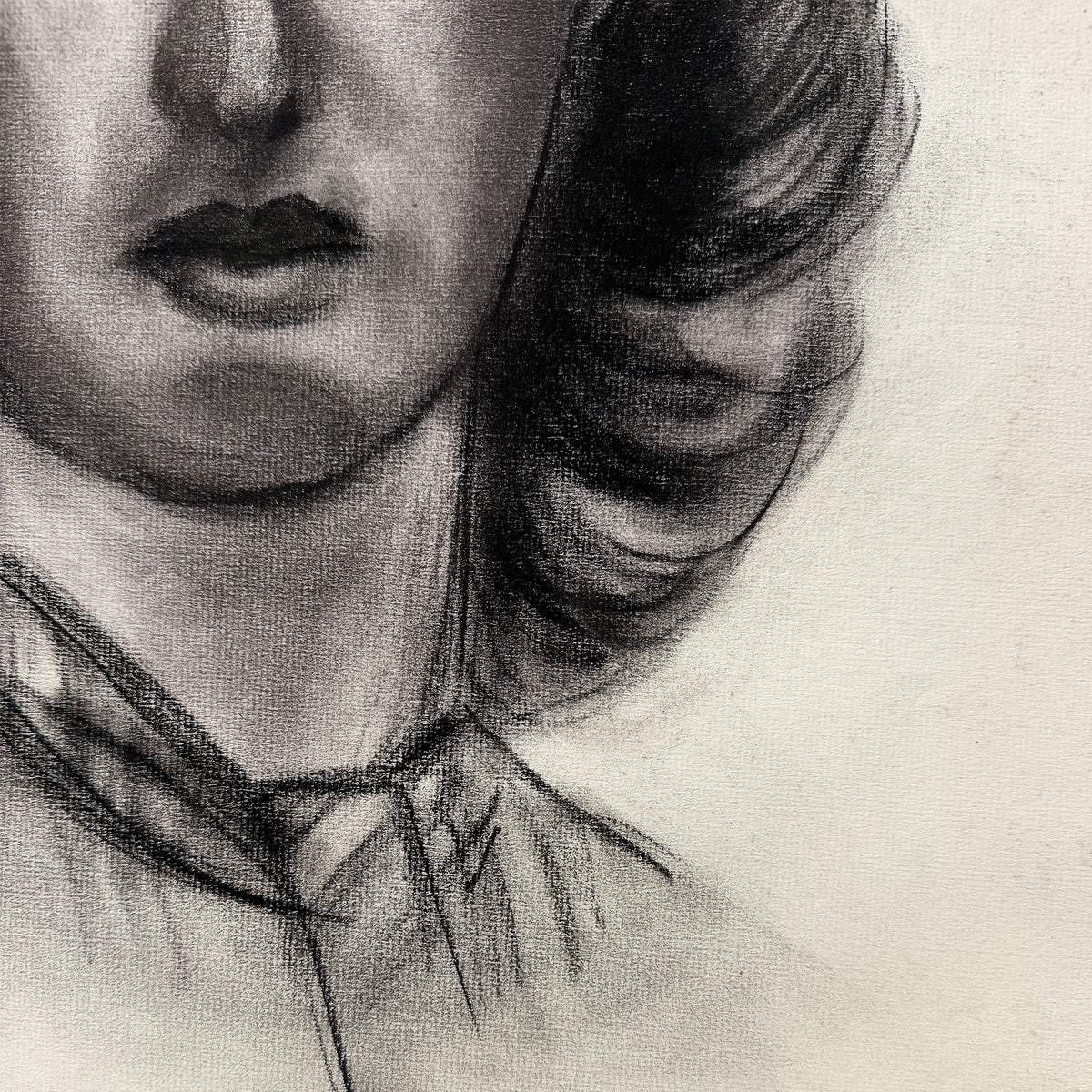 Vintage Black and White Charcoal Portrait Drawing of a Woman with Curled Hair
