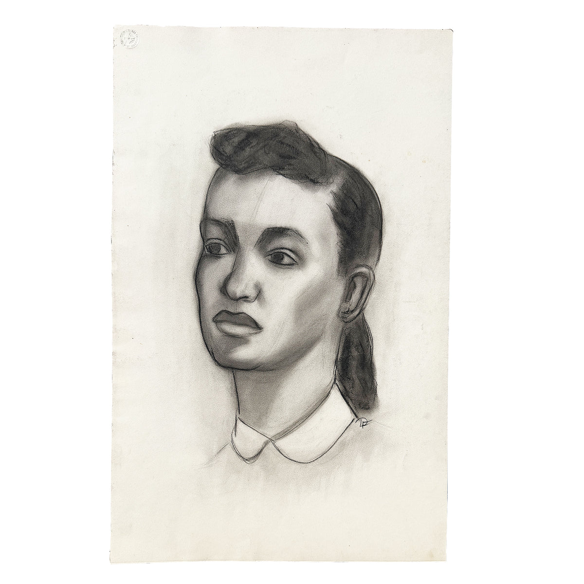 Black & White Charcoal Portrait Drawing of a Woman with Peter Pan Collar MCM
