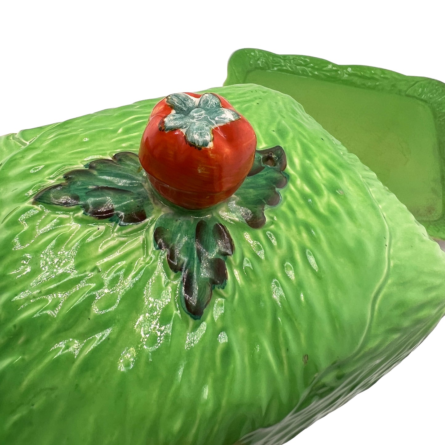 English Majolica Cabbage Butter or Cheese Dish with Tomato Finial, circa 1920s