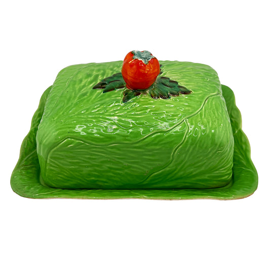 English Majolica Cabbage Butter or Cheese Dish with Tomato Finial, circa 1920s