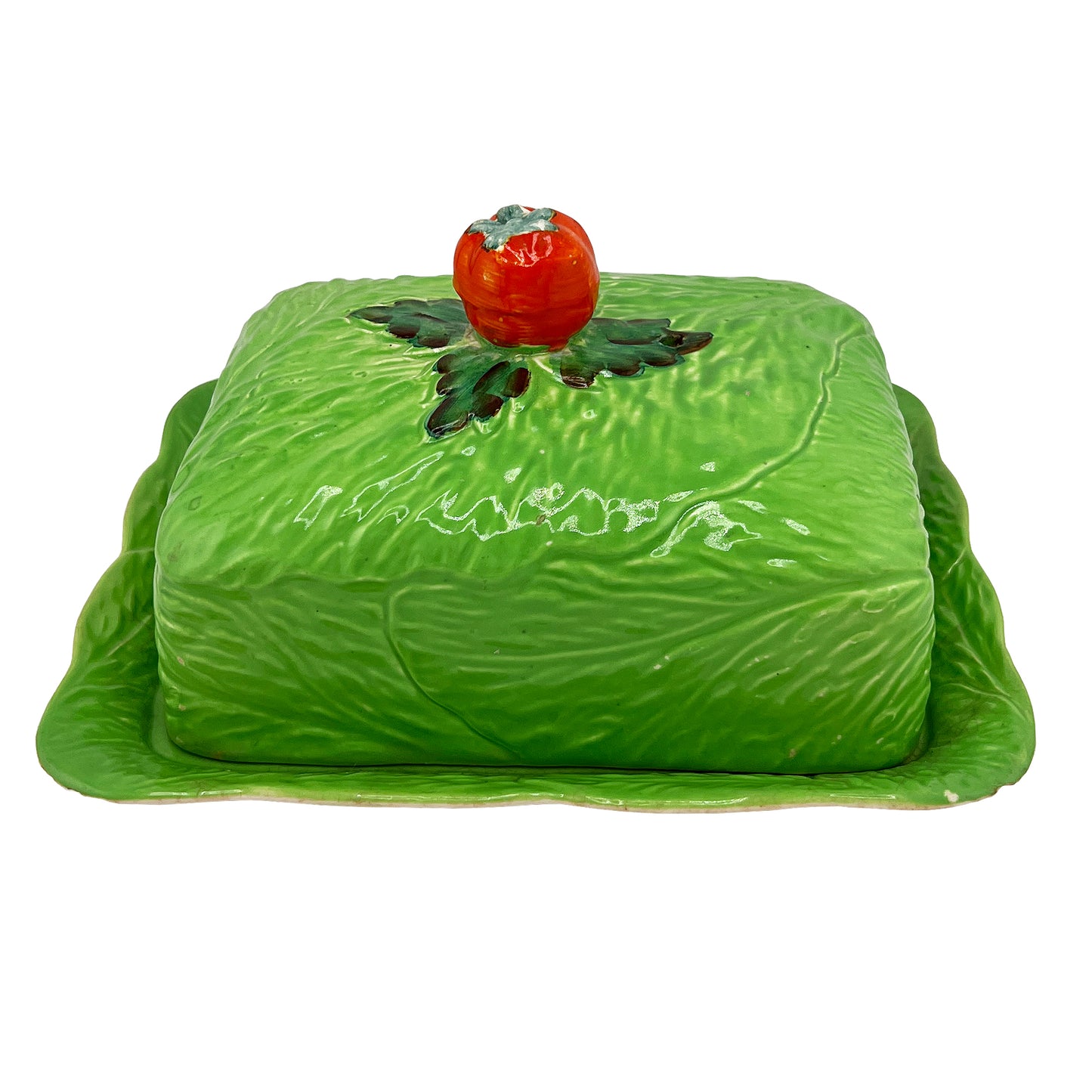 English Majolica Cabbage Butter or Cheese Dish with Tomato Finial, circa 1920s