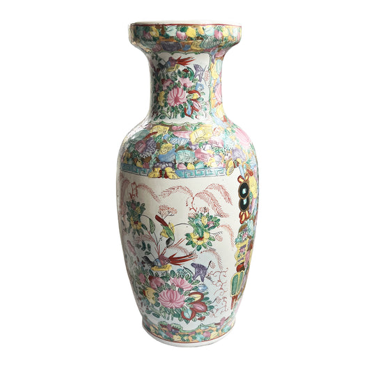 Large Antique Chinese Famille Rose Porcelain Vase Hand-Painted Floral Scene