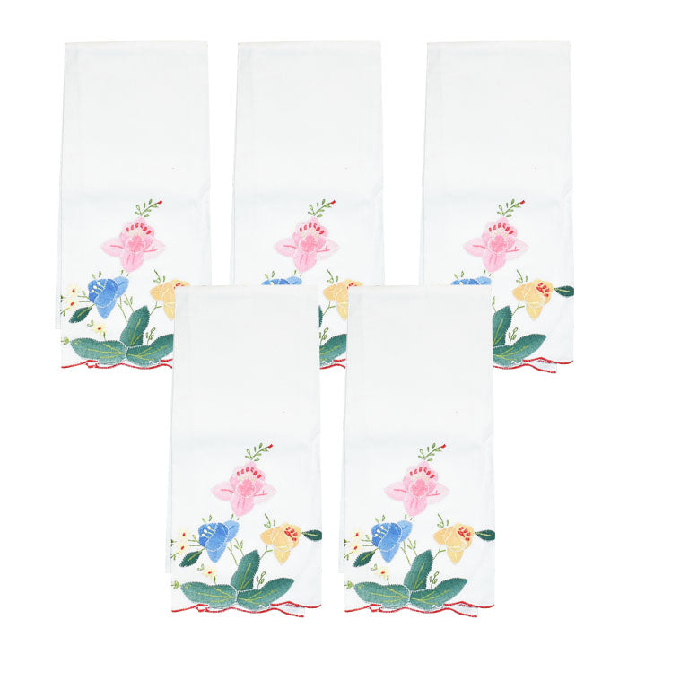 Mid Century Floral Hand Embroidered Fabric Dinner Napkins, Set 5