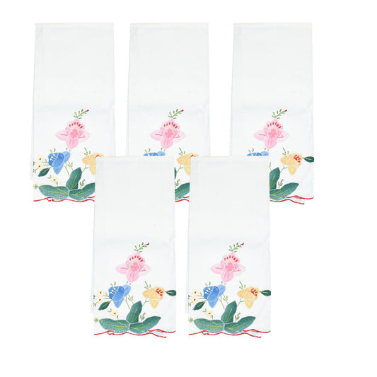 Mid Century Floral Hand Embroidered Fabric Dinner Napkins, Set 5