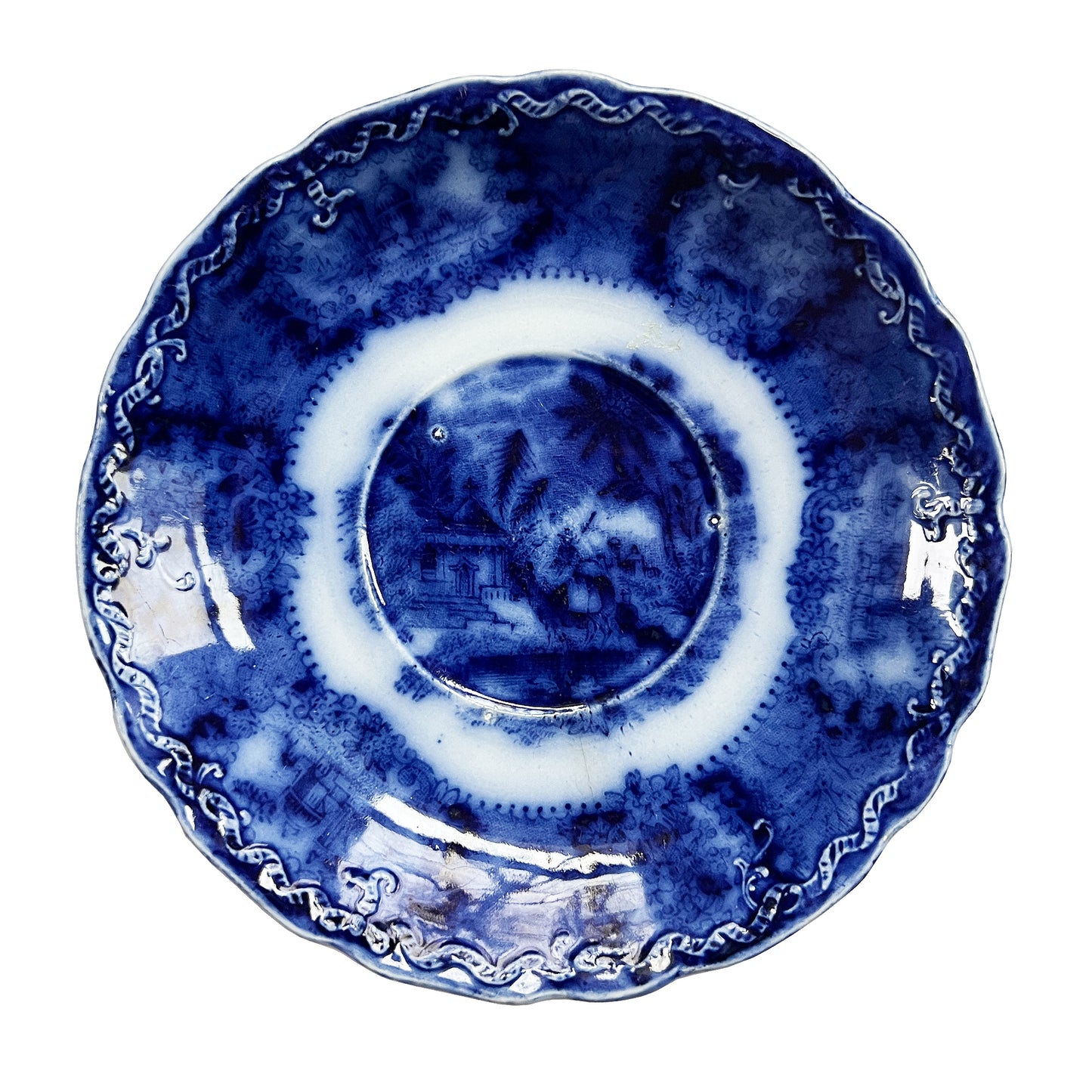 Petite Flow Blue Transferware Plate, New Wharf Pottery England, 19th Century