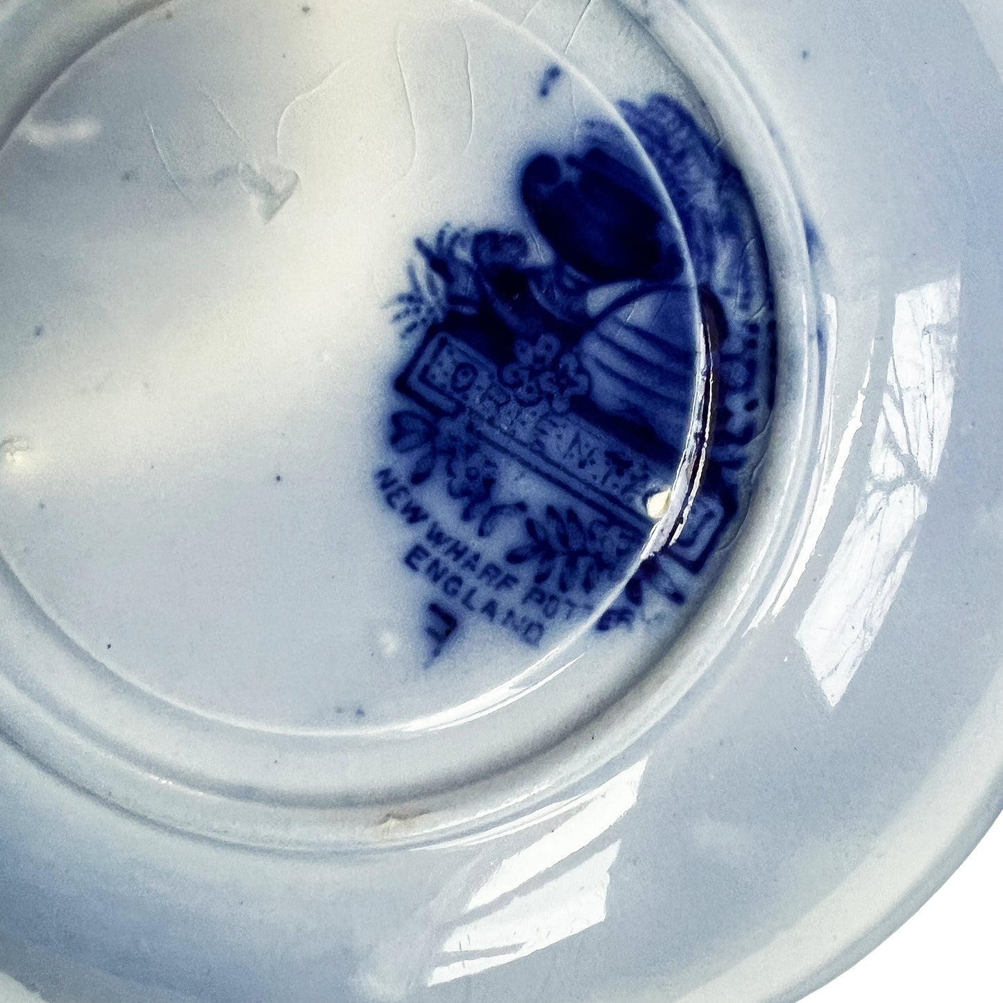 Petite Flow Blue Transferware Plate, New Wharf Pottery England, 19th Century