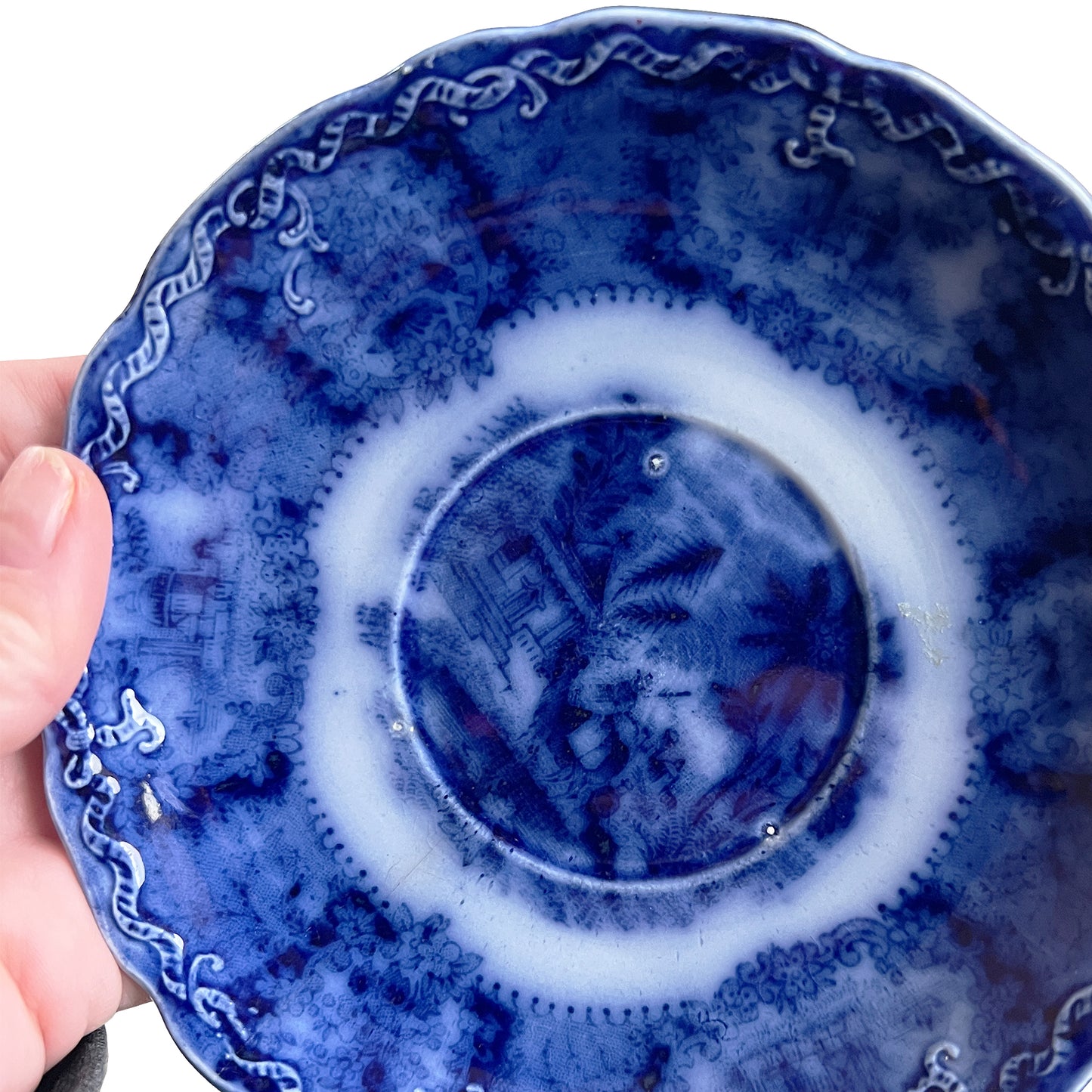 Petite Flow Blue Transferware Plate, New Wharf Pottery England, 19th Century