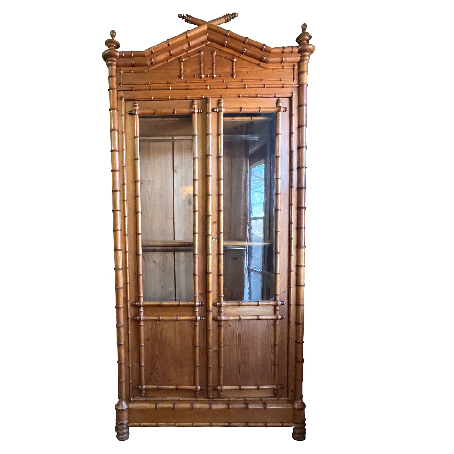 19th Century French Faux Bamboo Armoire with Double Glass Doors and Pagoda Top