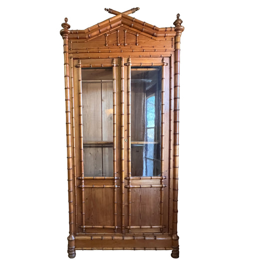 19th Century French Faux Bamboo Armoire with Double Glass Doors and Pagoda Top