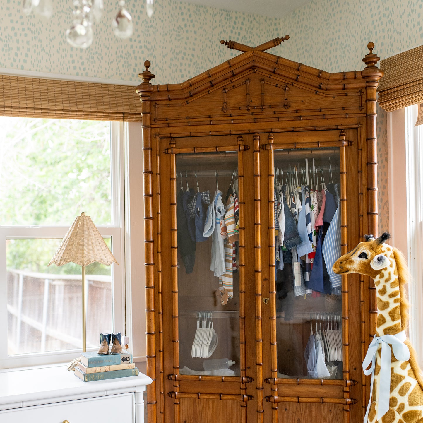 19th Century French Faux Bamboo Armoire with Double Glass Doors and Pagoda Top
