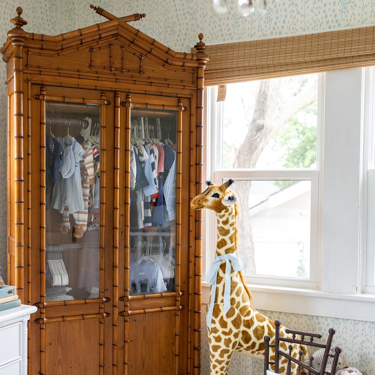 19th Century French Faux Bamboo Armoire with Double Glass Doors and Pagoda Top