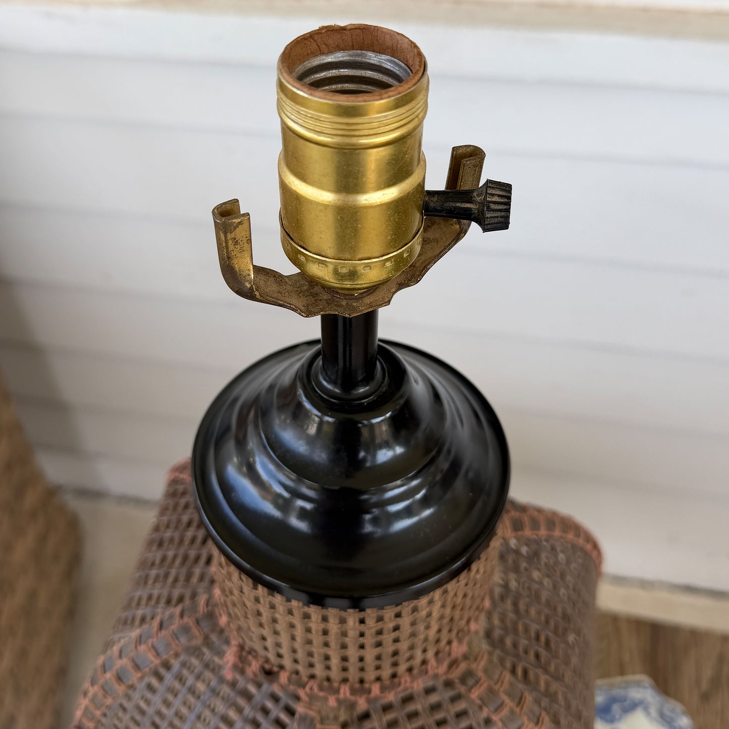 Large Vintage Handwoven Rattan and Cane Urn Form Table Lamp