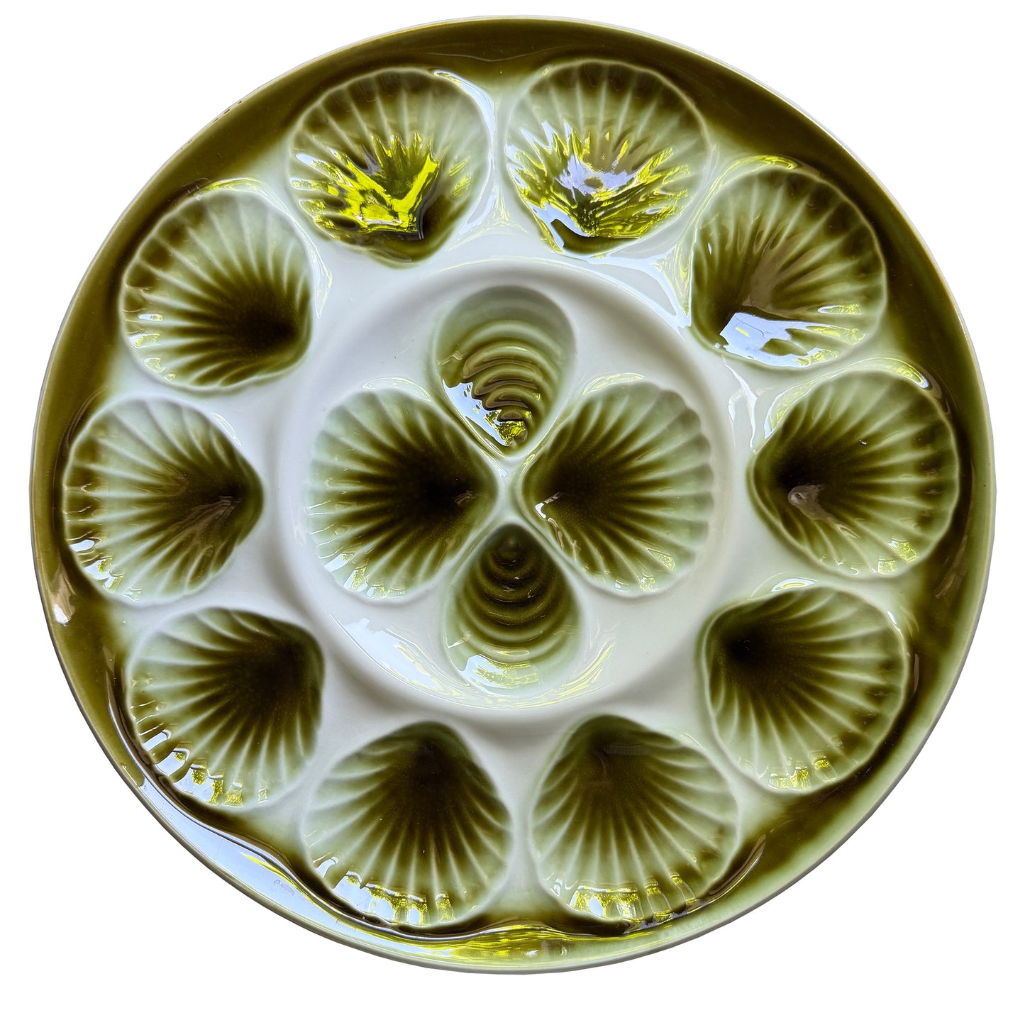 Set of 8 Green French Majolica Oyster Plates & Platter Moulin des Loups Orchies