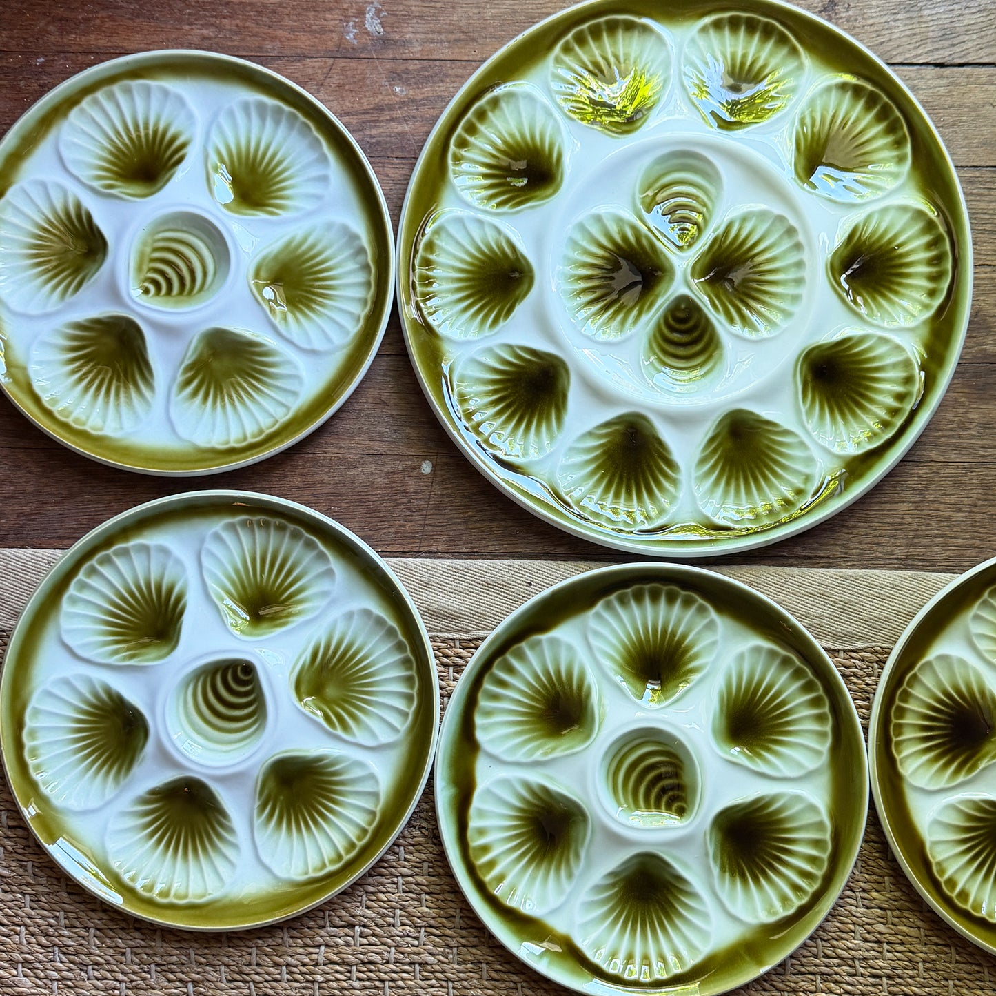 Set of 8 Green French Majolica Oyster Plates & Platter Moulin des Loups Orchies