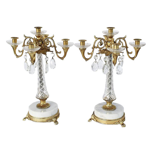 Vintage Louis XV or XVI Bagues Style Brass Marble Crystal and Acrylic 4 Arm Candle Sticks - a Pair