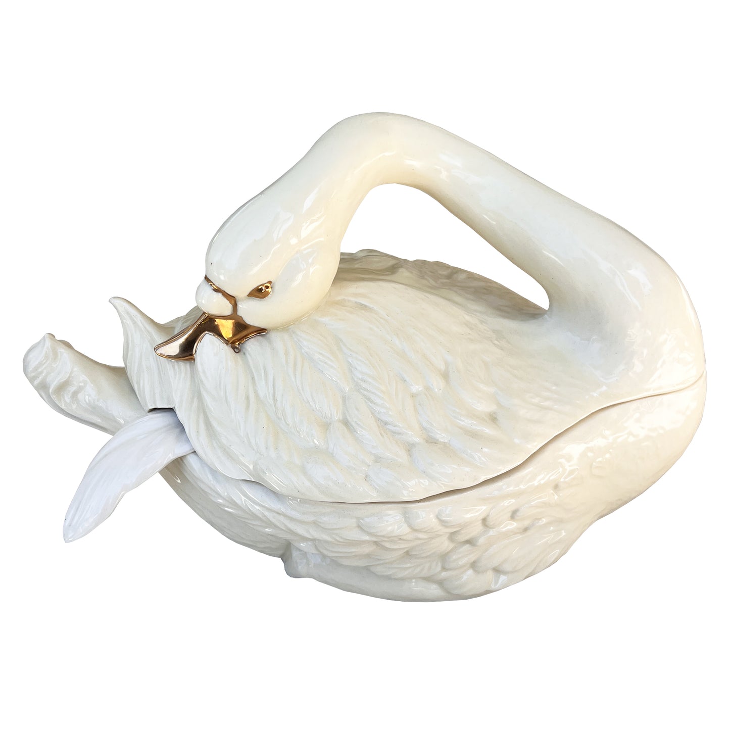 Vintage Ceramic Italian Swan Tureen with White Ladle and Lid - Hollywood Regency