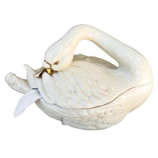 Vintage Ceramic Italian Swan Tureen with White Ladle and Lid - Hollywood Regency