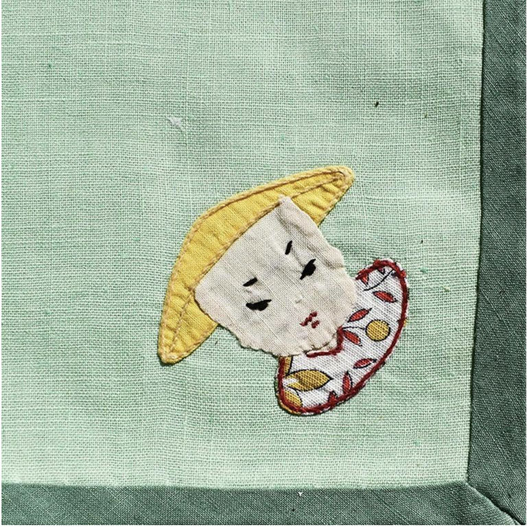 Mid-Century Chinoiserie Embroidered Figural Green Cocktail Napkins - Set of 4